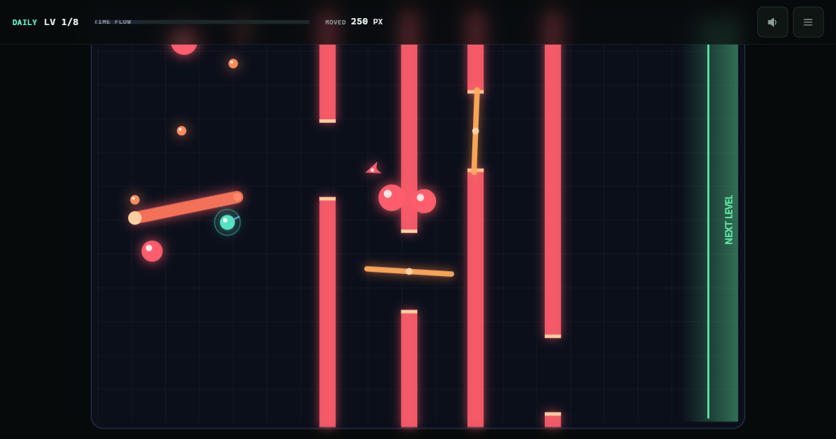 MOMENT gameplay mid-run: the player orb crossing a frozen field of pipes, blades, and bouncing balls