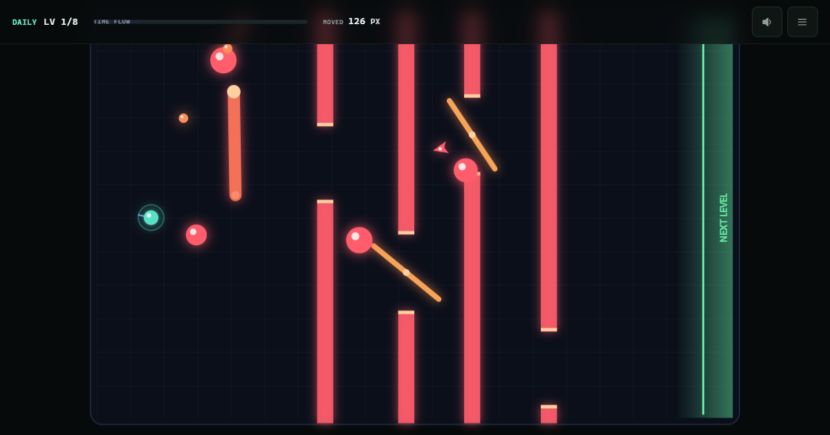A Daily Challenge stage frozen mid-run: the player orb waits on the left while pipes, blades, and a seeker block the route to the green gate